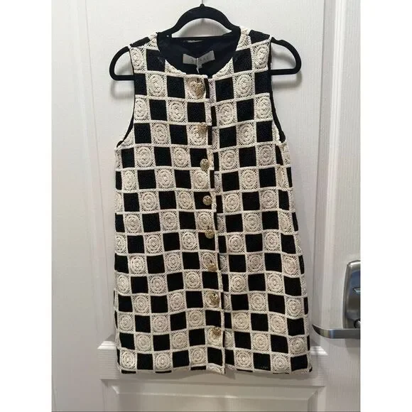 CURAAE Soho Crochet Mini Dress in Black & White Cocktail Brunch Size S NWT - Picture 5 of 8